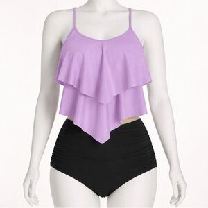 Adispuntent 2pc Tankini Swimsuit L Purple Black Handkerchief Top High Waisted